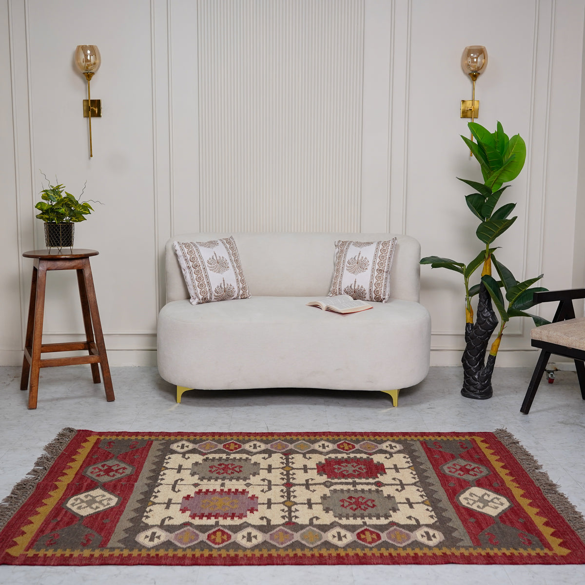 Rustic Red and Beige Jute-Wool Blend Flatweave Rug with Intricate Geometric Motifs