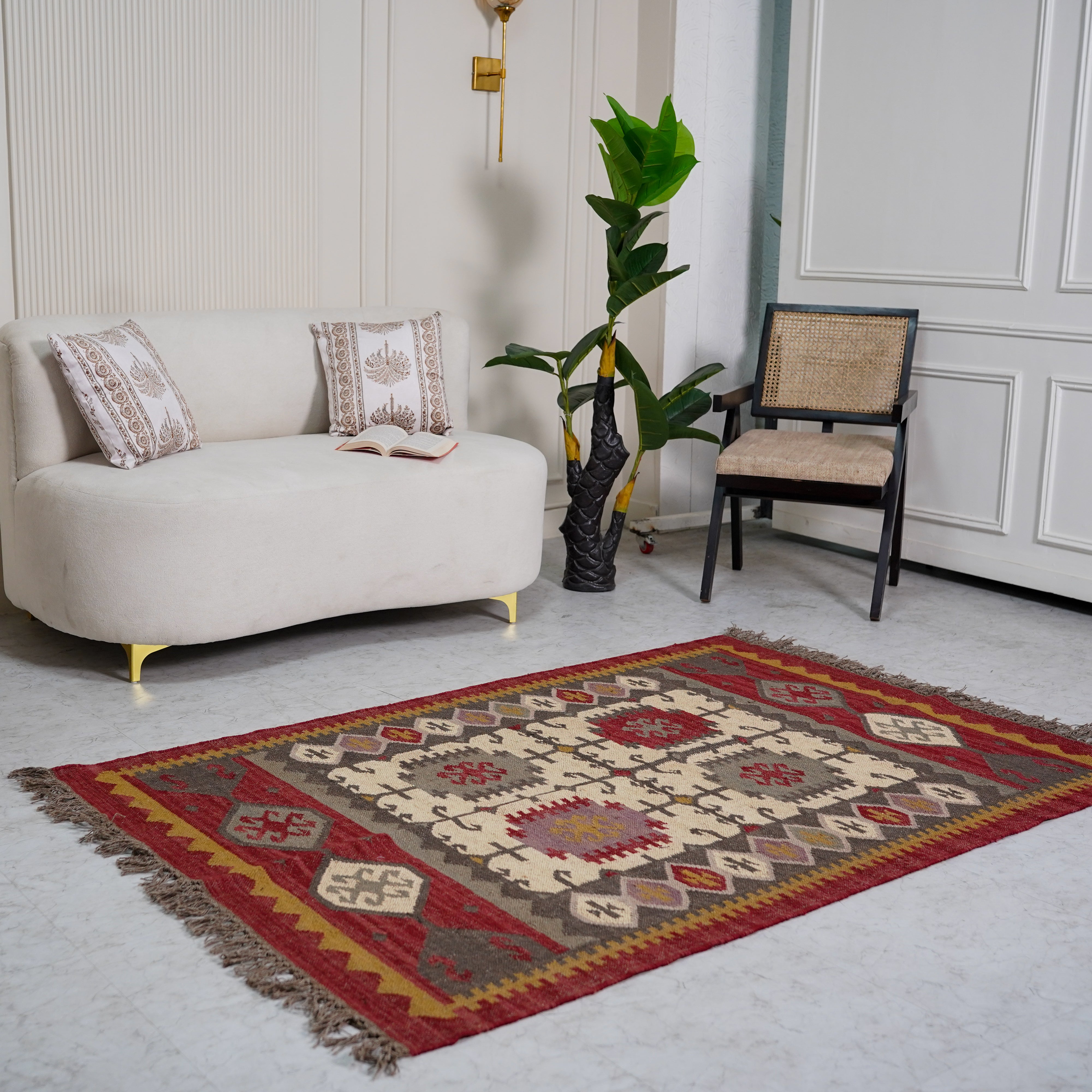 Rustic Red and Beige Jute-Wool Blend Flatweave Rug with Intricate Geometric Motifs