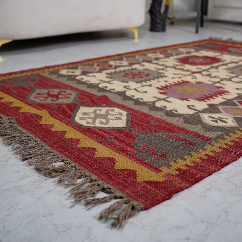 Rustic Red and Beige Jute-Wool Blend Flatweave Rug with Intricate Geometric Motifs