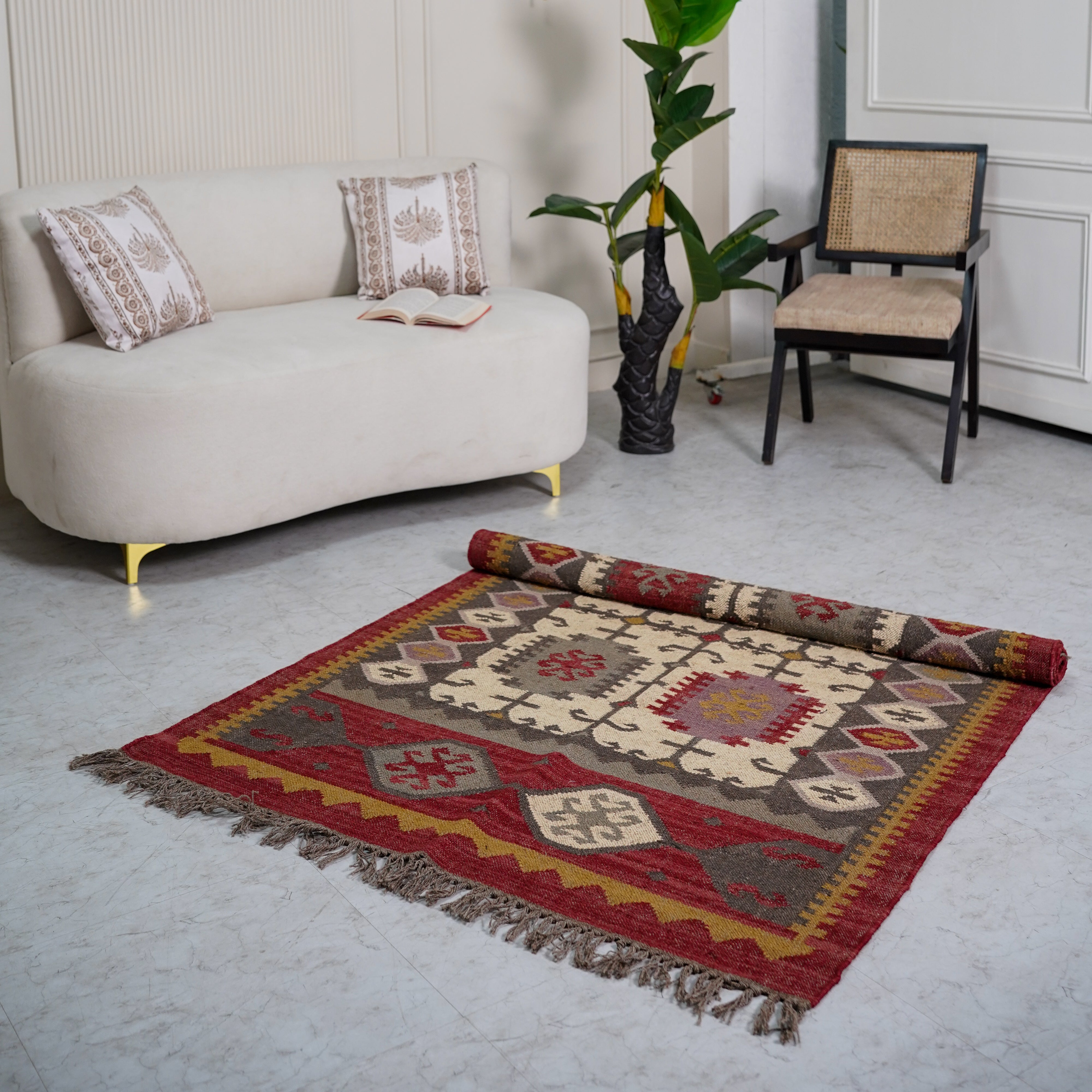 Rustic Red and Beige Jute-Wool Blend Flatweave Rug with Intricate Geometric Motifs