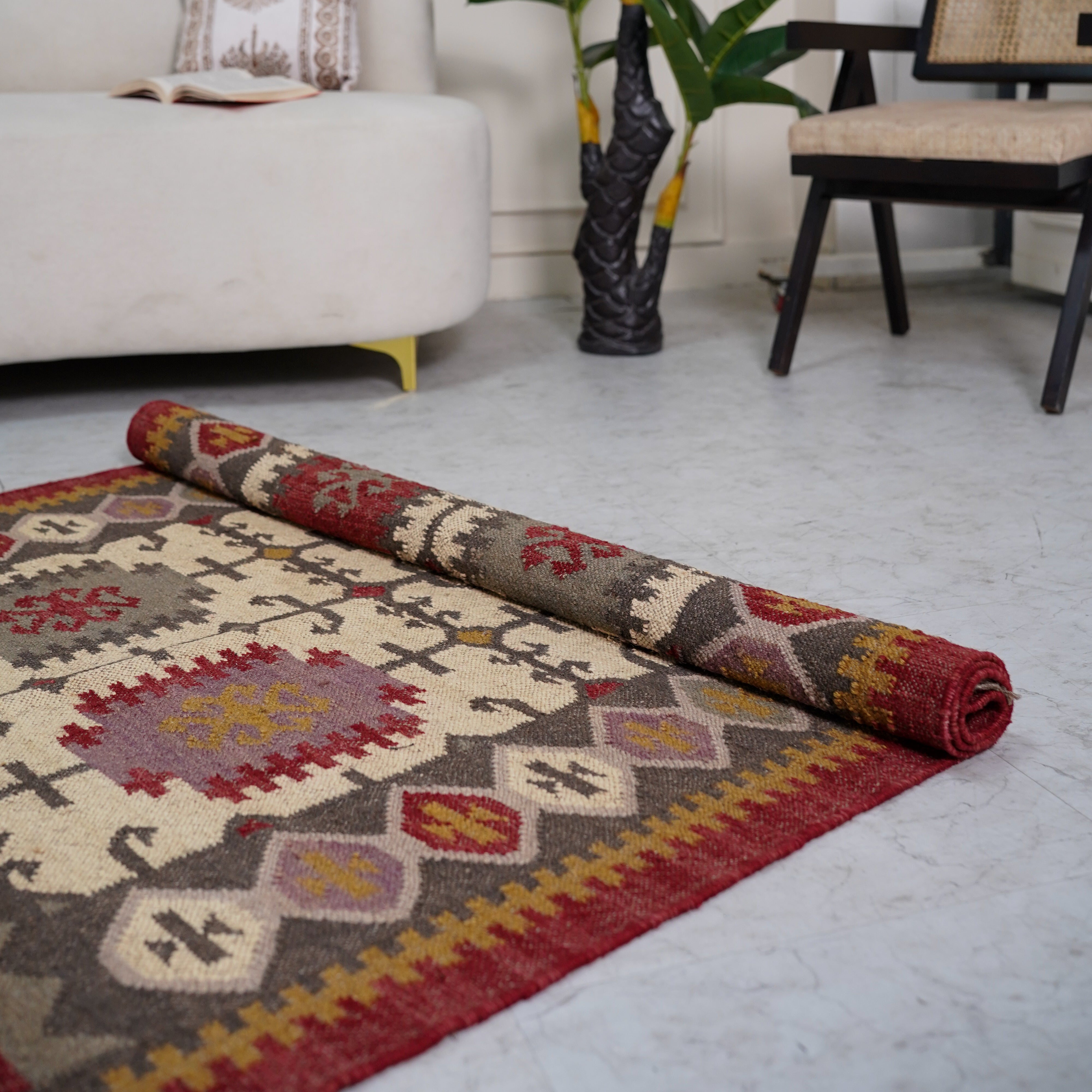 Rustic Red and Beige Jute-Wool Blend Flatweave Rug with Intricate Geometric Motifs