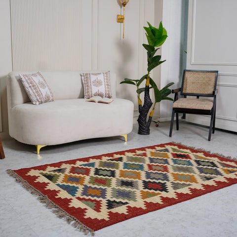 Vibrant Geometric Jute-Wool Flatweave Rug – Handcrafted in Multi-Color Diamond Design