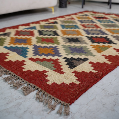 Vibrant Geometric Jute-Wool Flatweave Rug – Handcrafted in Multi-Color Diamond Design