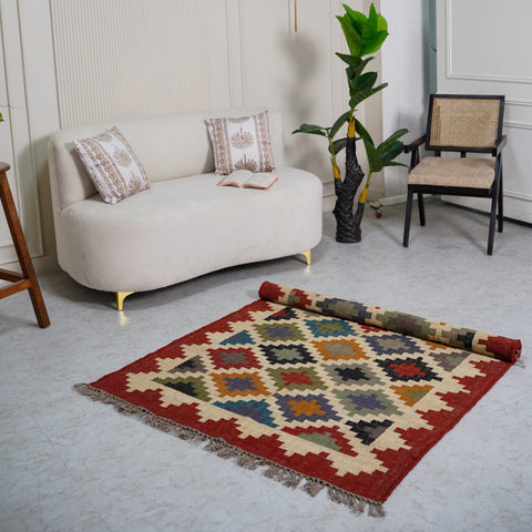 Vibrant Geometric Jute-Wool Flatweave Rug – Handcrafted in Multi-Color Diamond Design