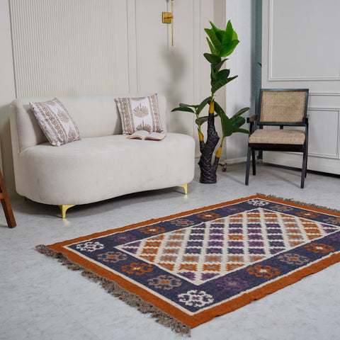 Elegant Diamond Motif Jute-Wool Rug – Handcrafted Flatweave in Earthy Tones