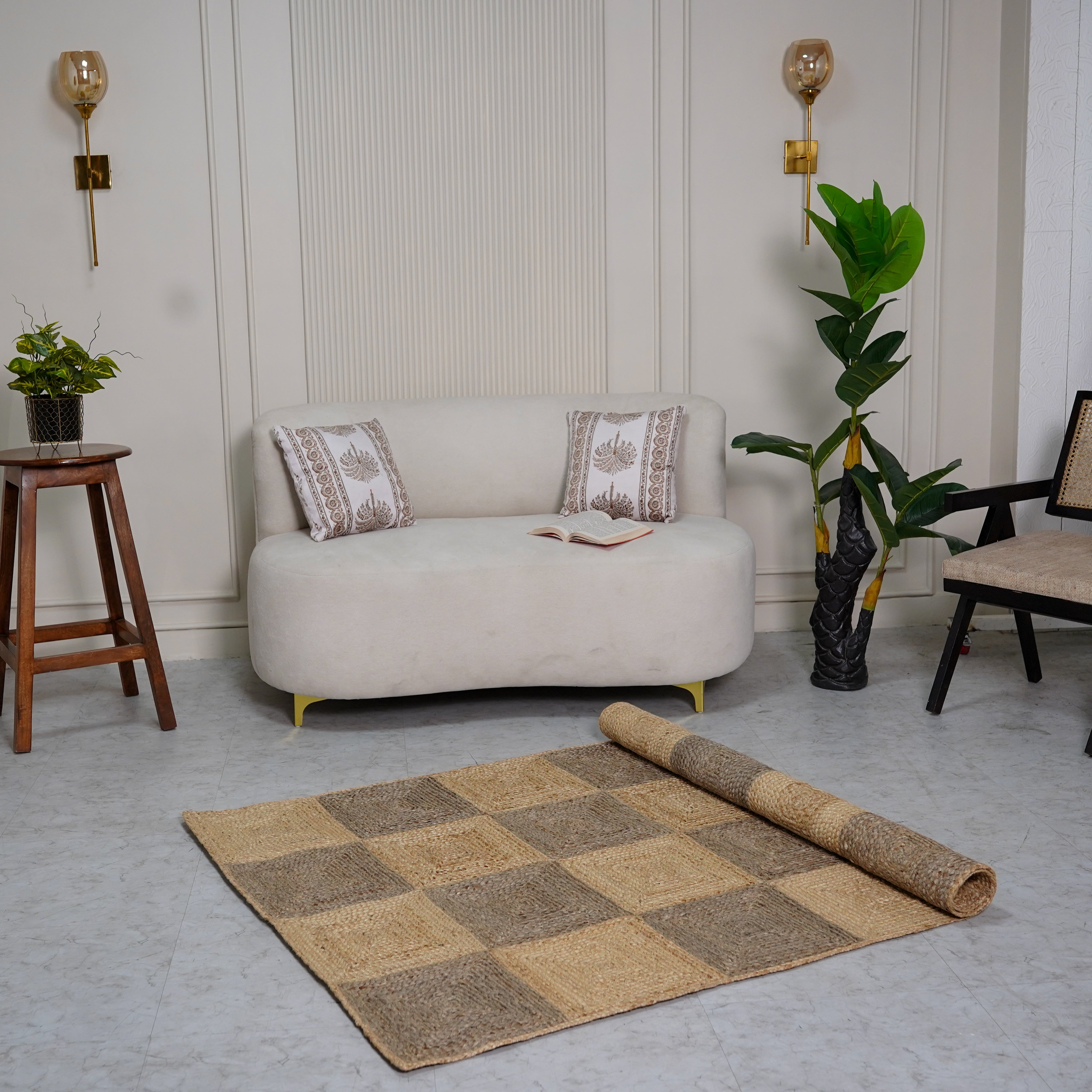 Handcrafted Hemp Checkered Rug - Rustic Two-Tone Elegance