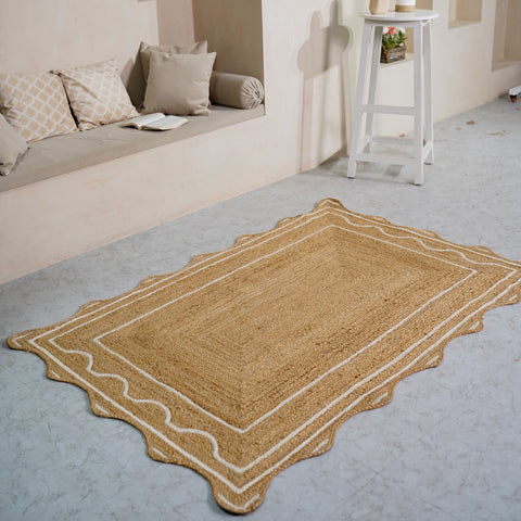 Handcrafted Scalloped Hemp Area Rug with Elegant Wavy Borders – Natural Beige & White Accents