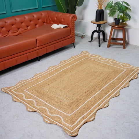 Handcrafted Scalloped Hemp Area Rug with Elegant Wavy Borders – Natural Beige & White Accents