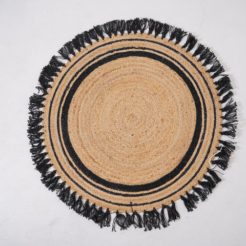 Natural Hemp Round Rug with Black Fringe – Handbraided Accent for Cozy Spaces