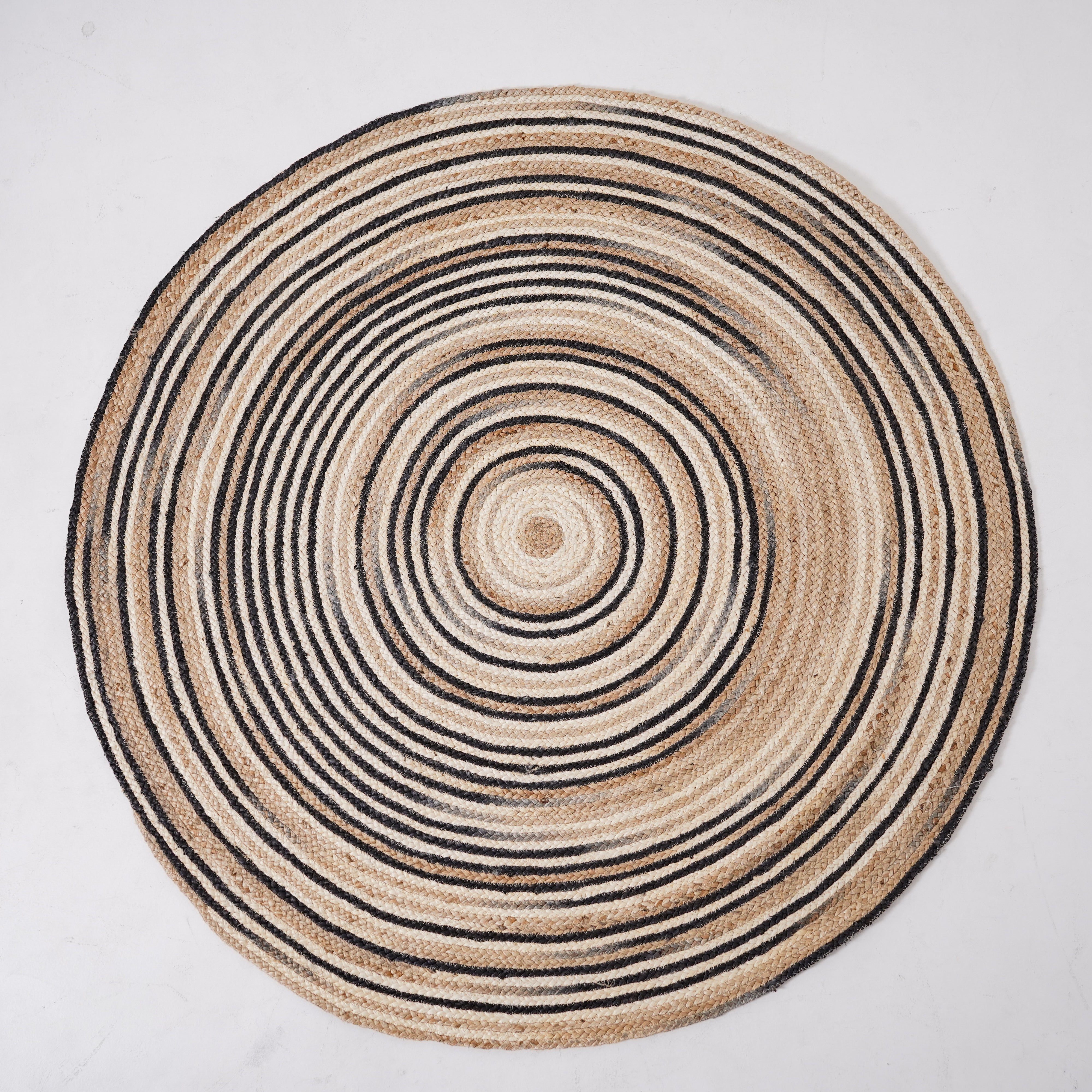 Natural Hand-Braided Hemp Round Rug with Black Spiral Accents – Eco-Friendly, Artisan Crafted