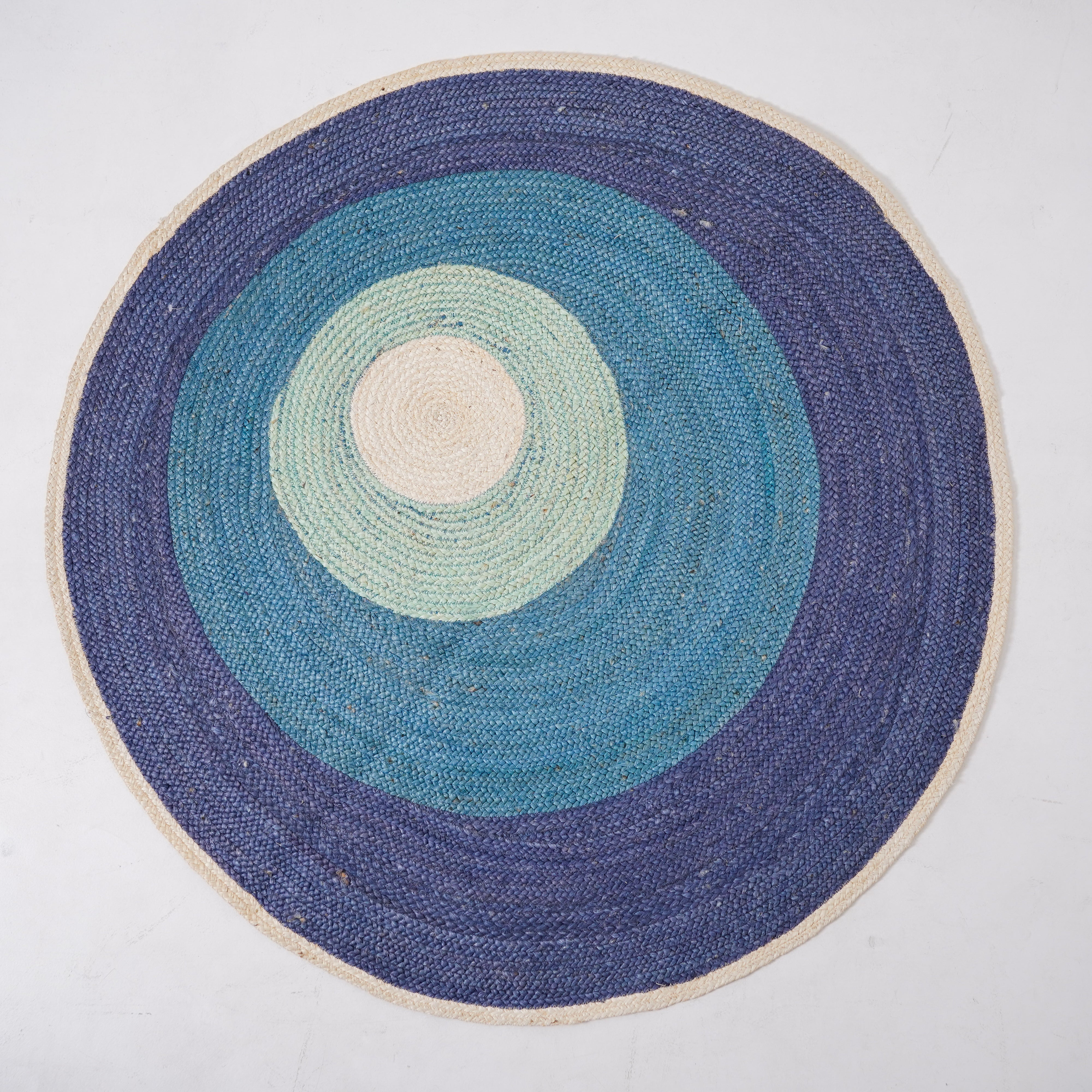 Handbraided Hemp Round Rug with Vibrant Blue Gradients