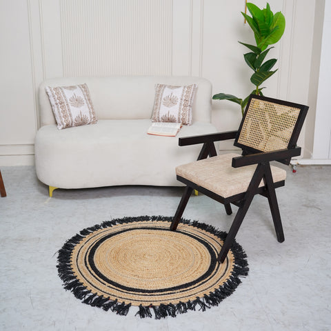 Natural Hemp Round Rug with Black Fringe – Handbraided Accent for Cozy Spaces