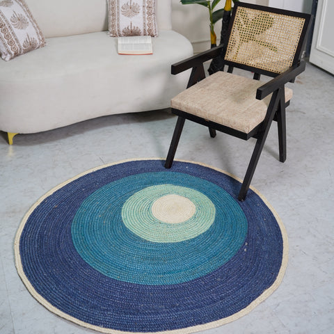 Handbraided Hemp Round Rug with Vibrant Blue Gradients