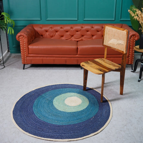 Handbraided Hemp Round Rug with Vibrant Blue Gradients