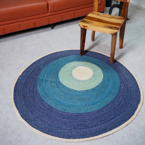 Handbraided Hemp Round Rug with Vibrant Blue Gradients