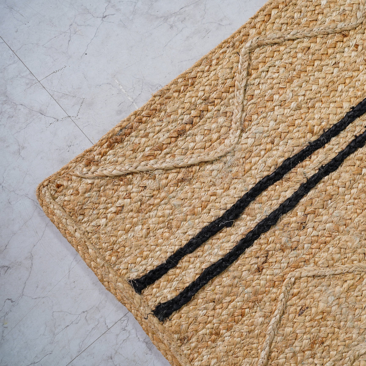 Handcrafted Hemp Area Rug with Chevron Pattern and Stripes - Natural Beige