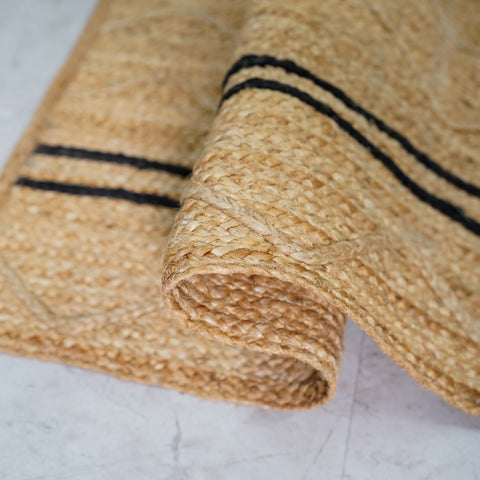 Handcrafted Hemp Area Rug with Chevron Pattern and Stripes - Natural Beige