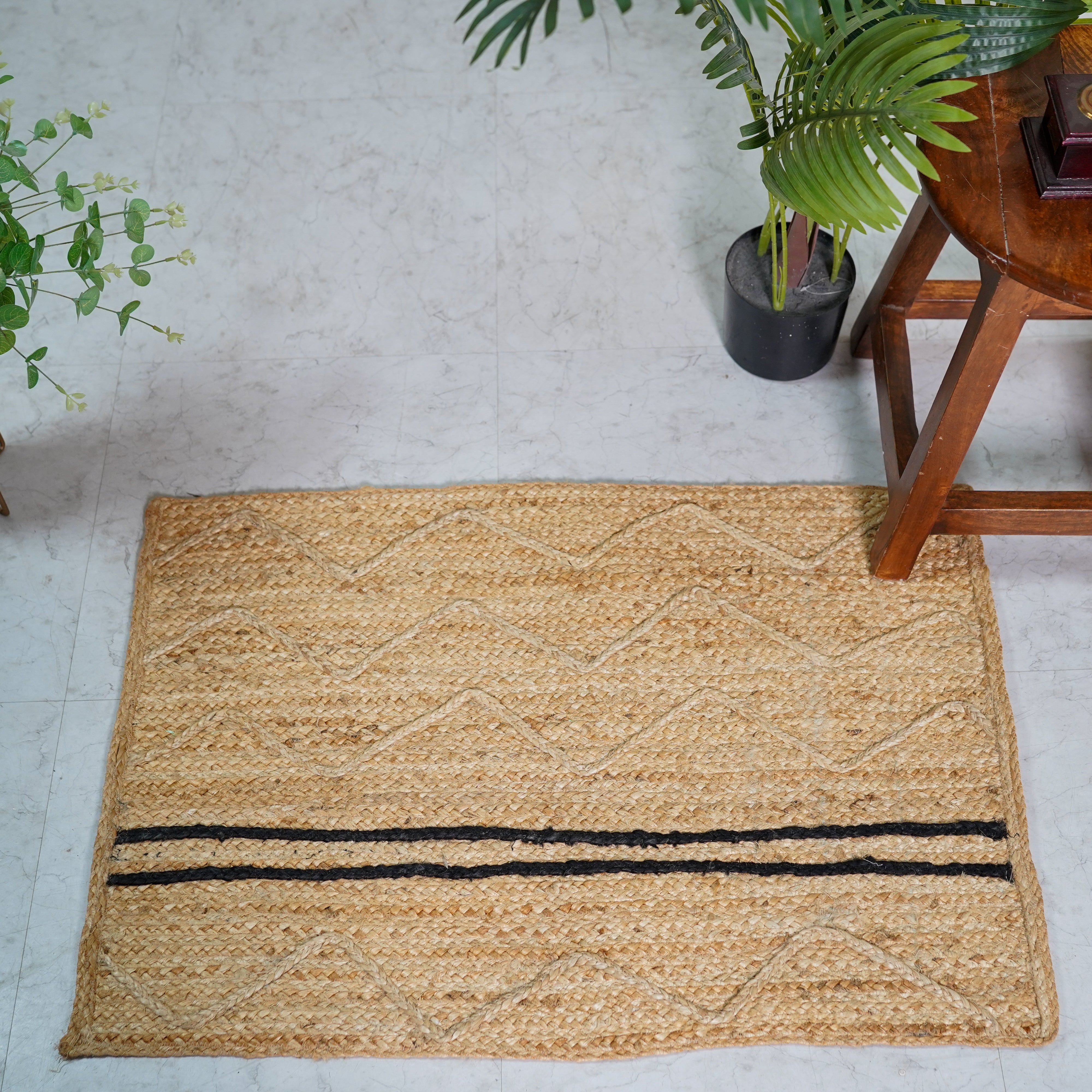 Handcrafted Hemp Area Rug with Chevron Pattern and Stripes - Natural Beige