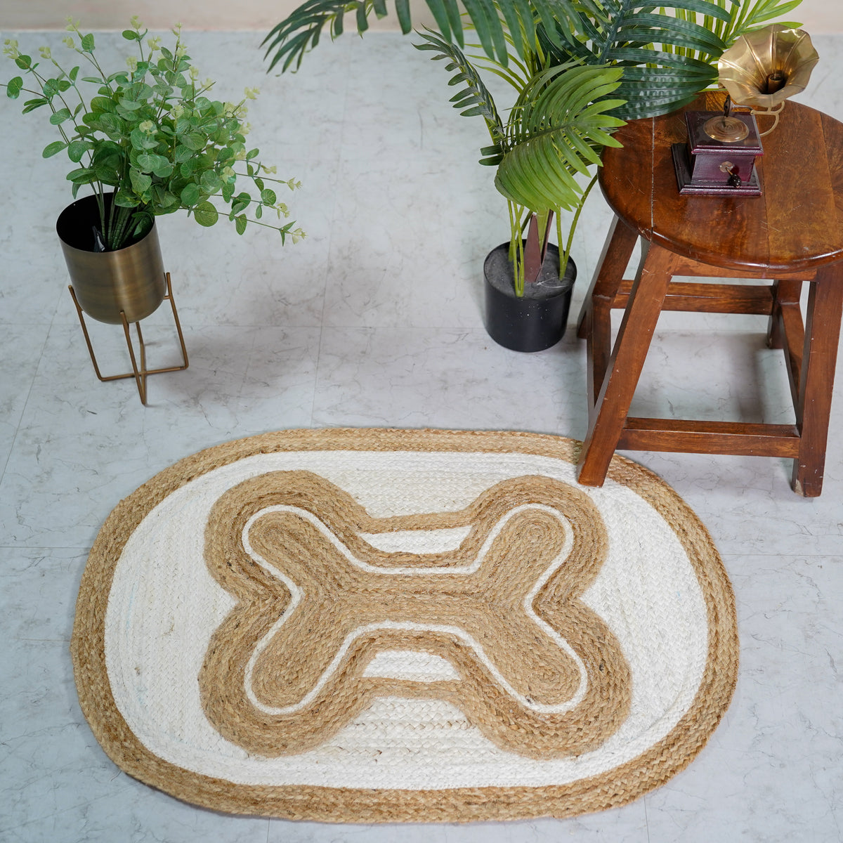 Natural Hemp Oval Rug with Intricate Bone-Inspired Design - Handwoven, Eco-Friendly Accent