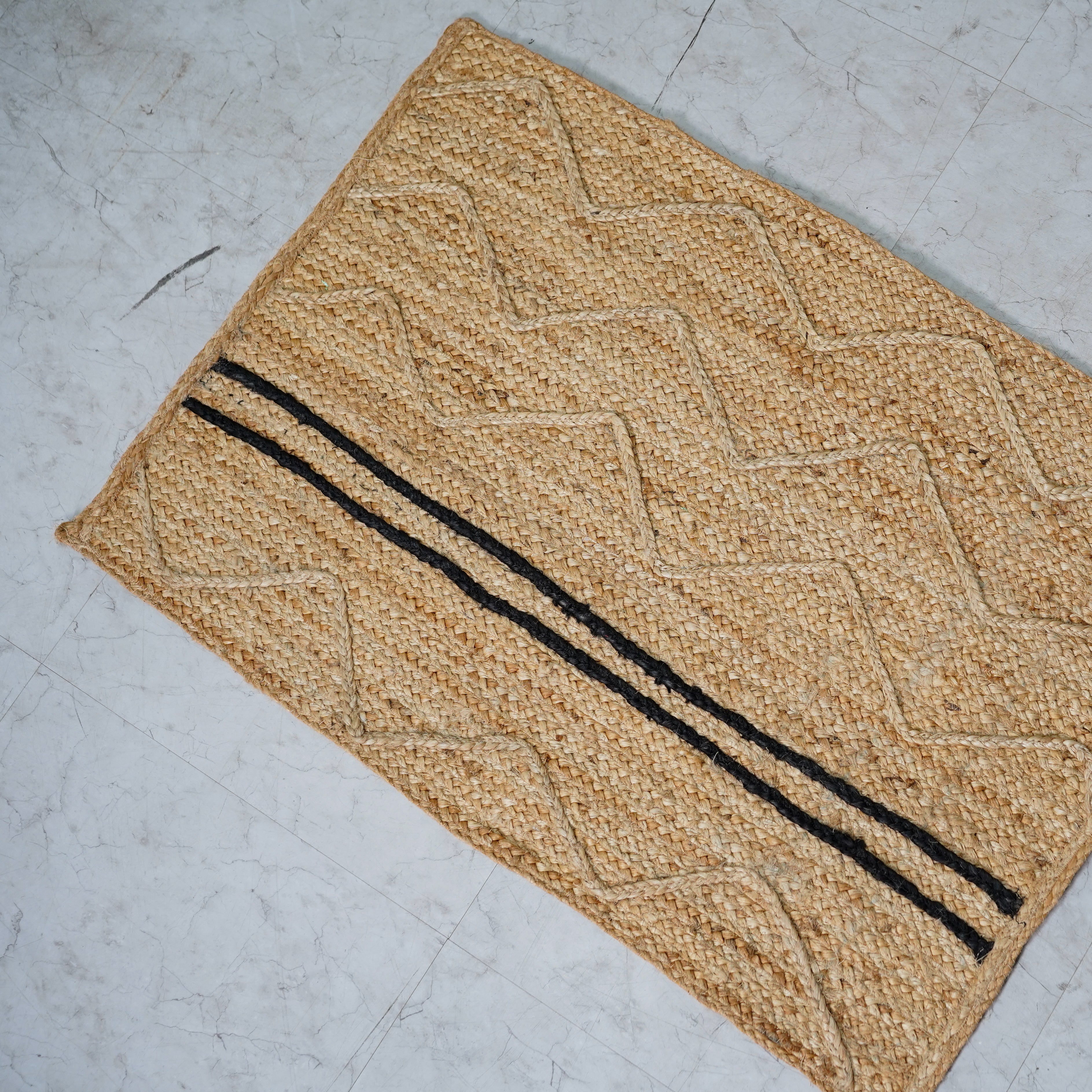 Handcrafted Hemp Area Rug with Chevron Pattern and Stripes - Natural Beige